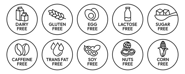 Set allergen free icons. Allergen free label products. Free lactose, gluten, sugar, corn, egg, trans fat, dairy, soy, nuts, caffeine, symbol, logo, badge, black, vector, isolated on white background.