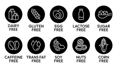 Set allergen free icons. Allergen free label products. Free lactose, gluten, sugar, corn, egg, trans fat, dairy, soy, nuts, caffeine, symbol, logo, badge, black, vector, isolated on white background.