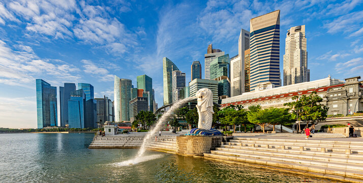 Singapore, February 03, 2024: Merlion statue fountain at Merlion Park in Marina Bay of Singapore. Merlion is the national symbol of Singapore depicted as a mythical creature with a lion head.