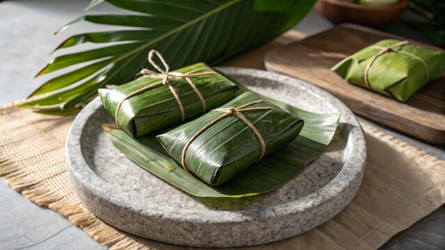 Two banana leaf-wrapped parcels are tied with string and placed on a stone plate, evoking a traditional and natural food presentation.