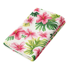 Floral-patterned fabric featuring vibrant pink flowers and green leaves. cut out. transparent background