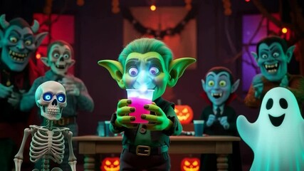 Grotesque goblin monster character raising a glowing drink cup with other spooky creatures celebrating Halloween party footage.