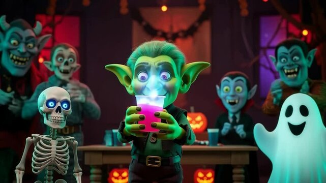 Grotesque goblin monster character raising a glowing drink cup with other spooky creatures celebrating Halloween party footage.