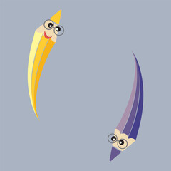 Cartoon pencils character with a faces. Curved colored arrow sign. Flat vector illustration.