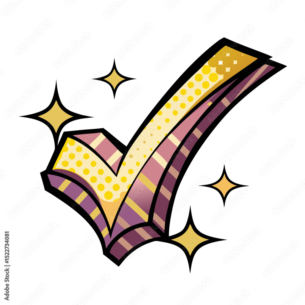 Poster colorful check mark icon in comic book style with sparkling effects, isolated vector image on transp