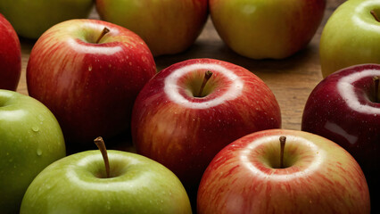 Closeup of red and green apples on wooden surface