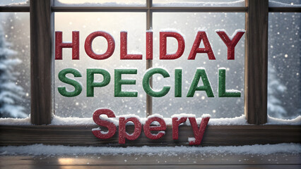 3D 'holiday special' with red and green alternating text with a frost effect on a snowy window.

