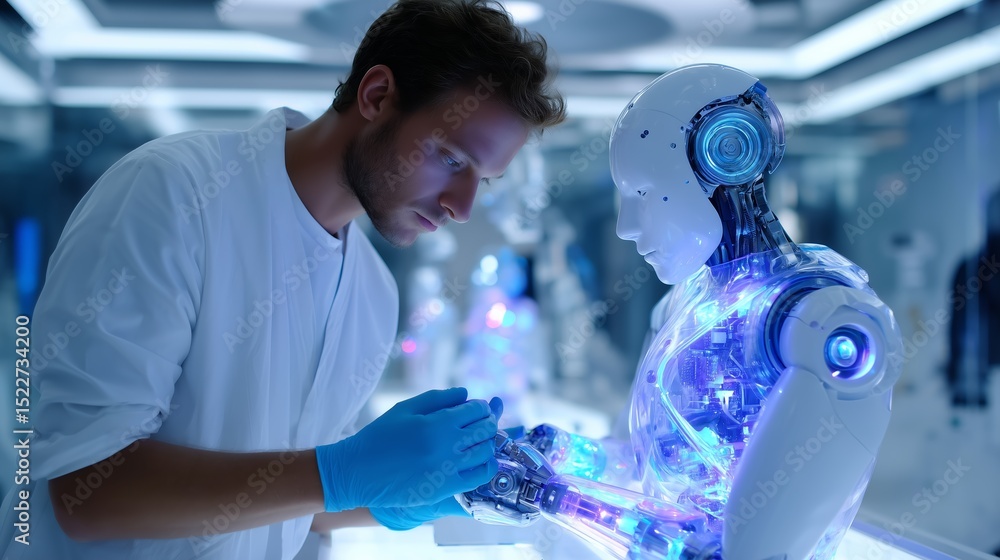 Poster research scientist working on advanced robotics in a futuristic laboratory with illuminated androids