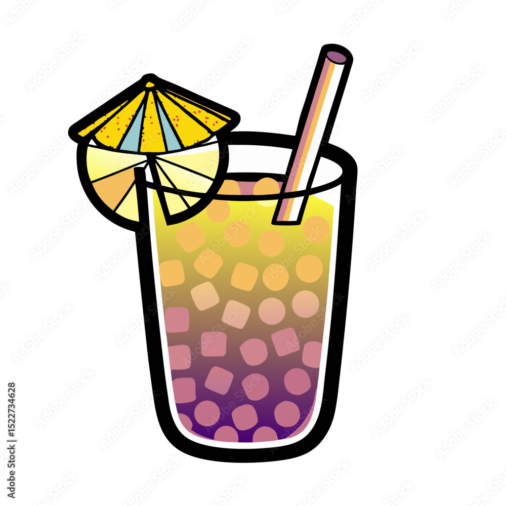 Poster colorful drink with straw and umbrella in pop art style, isolated vector image on transparent backgr
