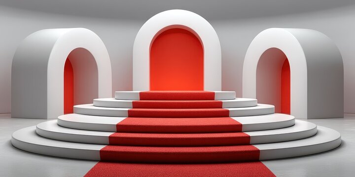 Elegant ceremonial stage with red carpet and minimalistic architectural design for events or presentations