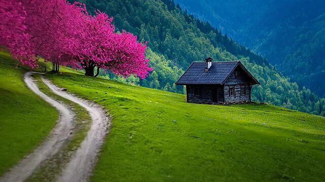 Serene Mountain Cabin with Blooming Trees
