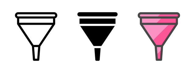 Multipurpose funnel vector icon in outline, glyph, filled outline style. Three icon style variants in one pack.