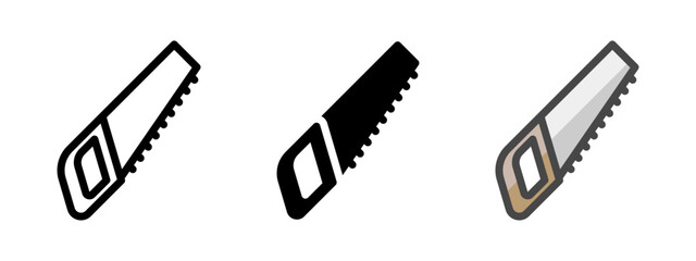 Multipurpose hand saw vector icon in outline, glyph, filled outline style. Three icon style variants in one pack.