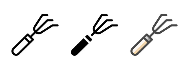 Multipurpose hand cultivator vector icon in outline, glyph, filled outline style. Three icon style variants in one pack.