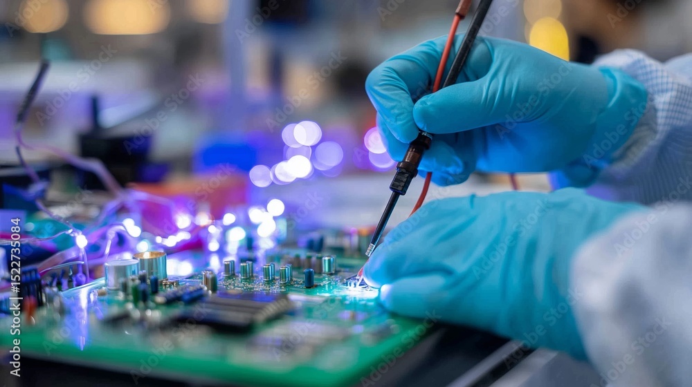 Aufkleber worker applies soldering technique to circuit board in electronics workshop during daytime