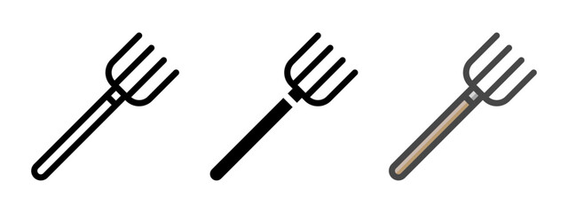 Multipurpose pitchfork vector icon in outline, glyph, filled outline style. Three icon style variants in one pack.