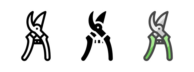 Multipurpose pruning shears vector icon in outline, glyph, filled outline style. Three icon style variants in one pack.