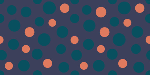 Patterned background featuring varying sizes of teal and coral circles on a dark navy backdrop.