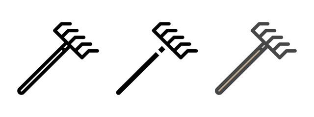 Multipurpose rake vector icon in outline, glyph, filled outline style. Three icon style variants in one pack.