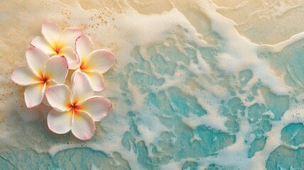 Plumeria flowers on the beach on the sand. selective focus. Generative AI,