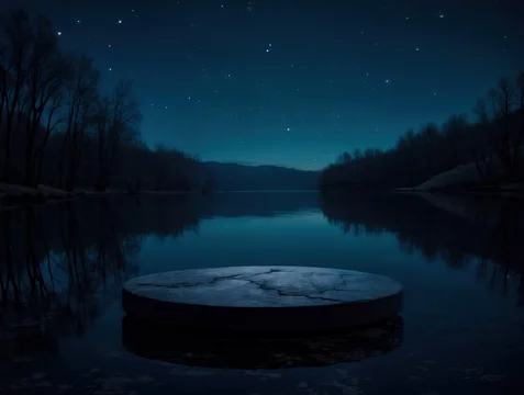 Luxury Dark Scene with Black Podium and Night Water Surface