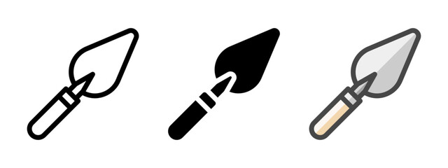 Multipurpose trowel vector icon in outline, glyph, filled outline style. Three icon style variants in one pack.