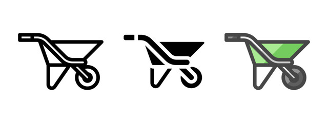 Multipurpose wheelbarrow vector icon in outline, glyph, filled outline style. Three icon style variants in one pack.