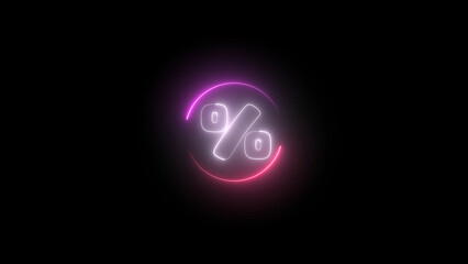 Neon Percentage Sign with Circular Frame Glowing Against a Dark Background for Sales and Discounts