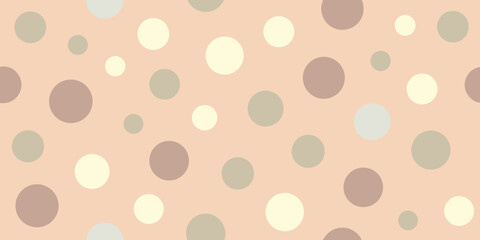 Soft peach background with scattered circles in shades of beige, cream, and muted green, creating a playful, cheerful pattern.
