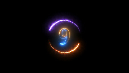Glowing Number Nine with Electric Circle Purple and Orange on a Black Background glowing number