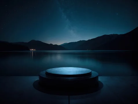 Minimal Black Stand at Night Lake with Subtle Rim Lighting