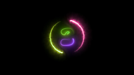 Abstract Neon Light Circle with Swirling Lines in Green Pink and Purple on Black Background