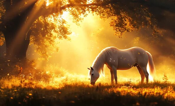 Pinto horse peacefully grazing in a sun-drenched meadow at sunset, creating a serene and idyllic rural scene	

