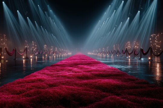 Stunning red carpet event illuminated by dramatic lights at a grand venue in the evening