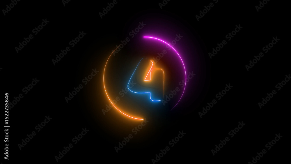 Poster number four in neon light with a colorful circular outline on black background neon number