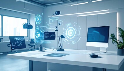 Tech office with holographic UI elements on a bright white desk