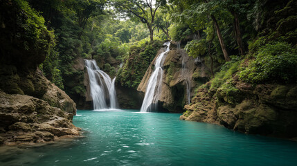 Fototapeta na wymiar Twin waterfalls flow into a turquoise pool, surrounded by lush rainforest. Nature's serene beauty in a tropical paradise. 