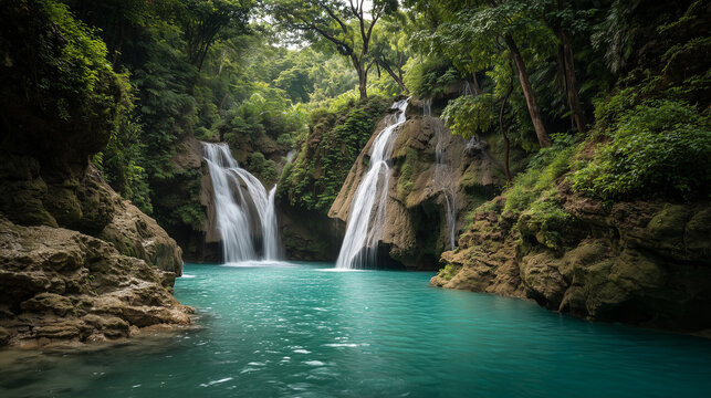 Twin waterfalls flow into a turquoise pool, surrounded by lush rainforest. Nature's serene beauty in a tropical paradise.
