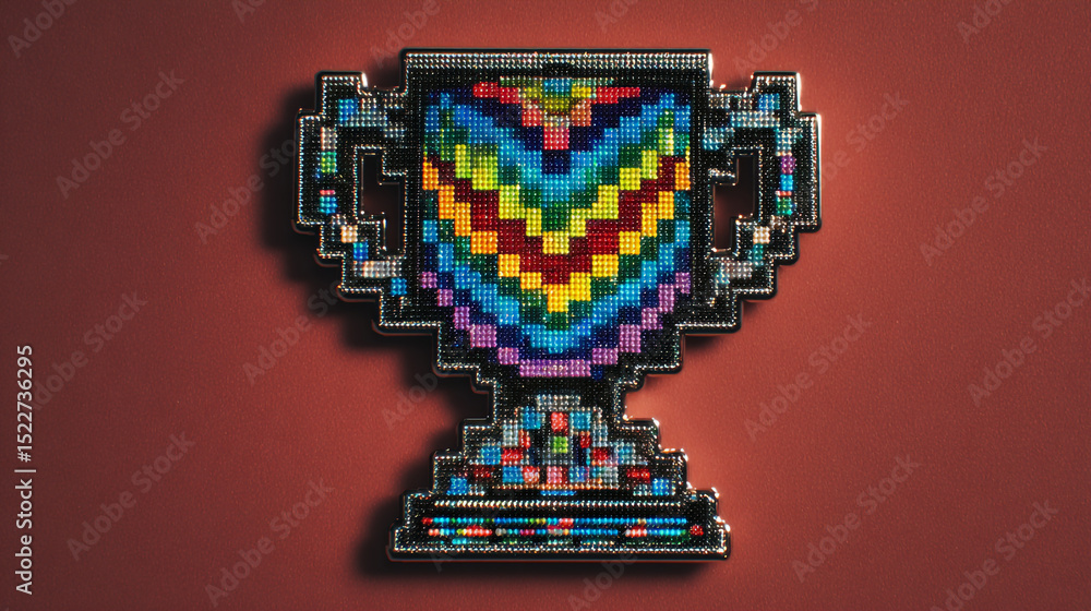 Aufkleber close up of a pixelated trophy with rainbow colors on a red background in a studio shot style