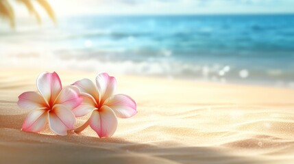 Plumeria flowers on the beach on the sand. selective focus. Generative AI,