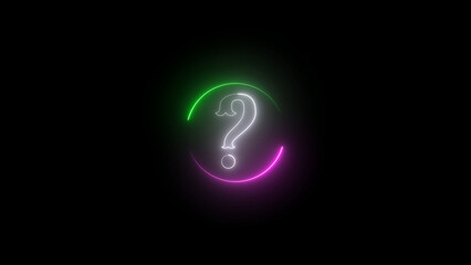 Neon Question Mark with Green and Pink Circle on a Black Background glowing white question