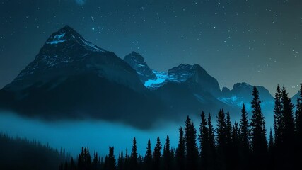 Mountain range at night with fog and stars - Powered by Adobe