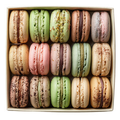 A colorful assortment of macarons arranged neatly in a box. cut out. transparent background