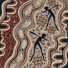Traditional Aboriginal Vector Art Depicting Cultural Symbols and Figures