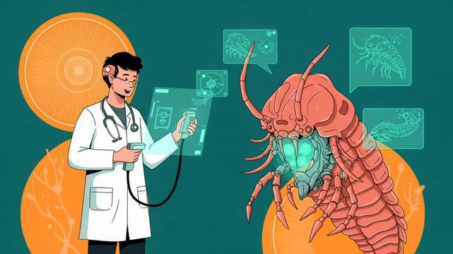 Examining Alien Creature With Advanced Tech Illustration