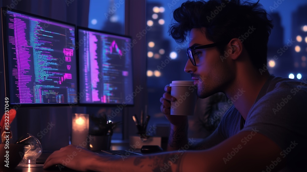 Poster sitting at a desk while coding at night with multiple screens displaying data and a warm beverage ne