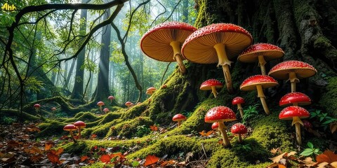 Majestic Red Toadstools in Enchanting Mossy Forest