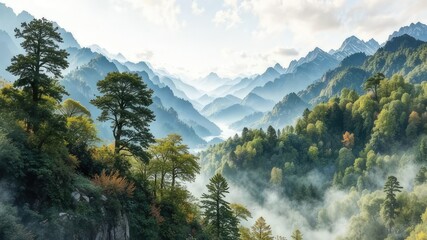 Majestic Watercolor Mountain Scenery with Lush Trees