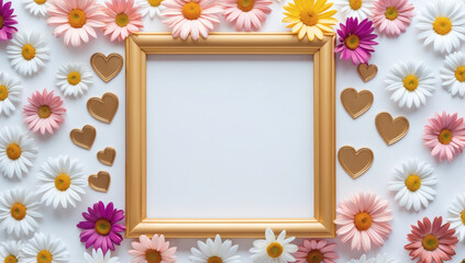 A square frame centered in the middle. Surrounded by daisy flowers and heart-shaped decorations