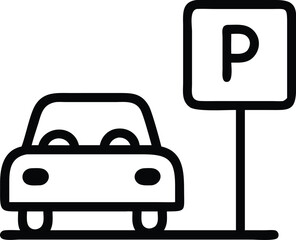 Parking spot icon vector illustration showing car parked next to parking sign in outline style
